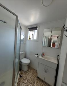 a bathroom with a toilet and a sink and a mirror at Tweed River Waterfront Cottage in Murwillumbah