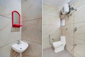 two pictures of a bathroom with a toilet and a sink at Super Hotel O Kachohalli Gate Formerly SRS Lodge in Tāvarikere +46 photos