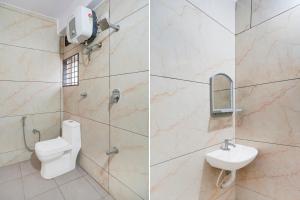 two pictures of a bathroom with a toilet and a sink at Super Hotel O Kachohalli Gate Formerly SRS Lodge in Tāvarikere
