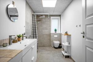 a bathroom with a shower and a toilet and a sink at FY258-Ebberup-Hegningen-5 in Ebberup +26 photos