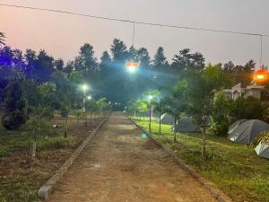 a dirt road with a group of tents and street lights at Holidaypark in Araku +3 photos