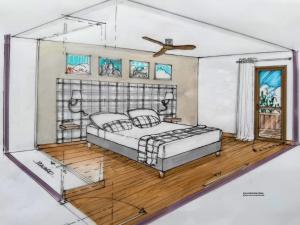 eine Zeichnung eines Schlafzimmers mit einem Bett in der Unterkunft Le CAIRNE Chalet Residence in La Chapelle-dʼAbondance