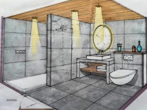 Eine Zeichnung eines Badezimmers mit Toilette und Spiegel in der Unterkunft Le CAIRNE Chalet Residence in La Chapelle-dʼAbondance