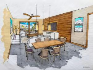 eine Zeichnung einer Küche und eines Esszimmers in der Unterkunft Le CAIRNE Chalet Residence in La Chapelle-dʼAbondance