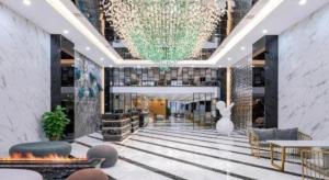 a rendering of a lobby of a building at Han Hotel Meisu Xi'an Longshouyuan Shenglong Plaza in Xi'an