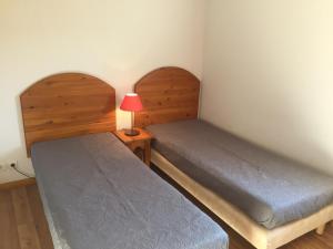two twin beds in a room with a lamp at Les sources de manon in Vallon-Pont-dʼArc
