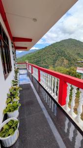 a balcony with potted plants and a view of a mountain at Vista Valley View homestay in Dirang Dzong
