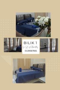 a collage of pictures of a bed with blue sheets at Se SE d'Homestay Kelulut Marang in Marang