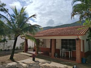 a house with a palm tree in front of it at Aluguel temporada Itaipuaçu in Maricá