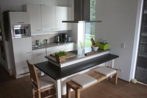 eine Küche mit einem Tisch mit Stühlen und einer Arbeitsplatte in der Unterkunft Apartment Parkvilla Traunsee in Altmünster