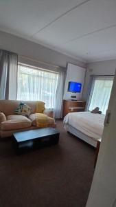 a bedroom with a bed and a couch and a tv at Maselli Lodge in Howick +20 photos