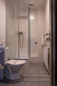 Un baño con ducha, inodoro y lavabo. en Hotel CB Royal, en České Budějovice