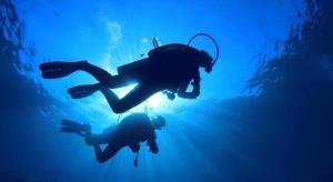 two people are swimming in the blue water at Silver Beach Hotel in Trincomalee