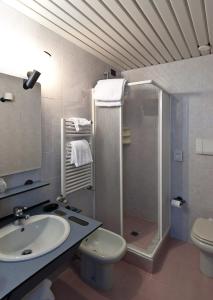 a bathroom with a shower and a sink and a toilet at Hotel Prestige in Lido di Camaiore