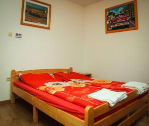 a bed with a red blanket on it in a room at AQUA Thermal Sóterápia és Apartmanház in Püspökladány