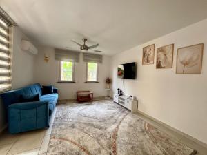 a living room with a blue couch and a tv at Villa Konakli in Konaklı