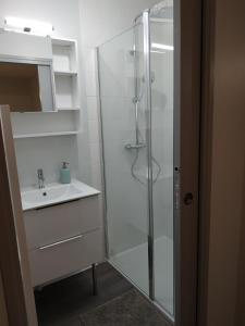 ein Badezimmer mit Glasdusche und Waschbecken in der Unterkunft Plénitude guillot in Le Mans