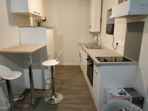 eine kleine Küche mit weißen Schränken und einer Theke in der Unterkunft Plénitude guillot in Le Mans