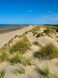 a sandy beach with some grass and the ocean at Front de Mer in Calais