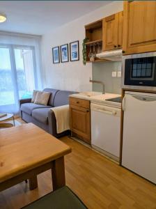 une cuisine et un salon avec un canapé dans l'établissement Cosy du Birdie Logement 4 pers avec piscine, à Giez
