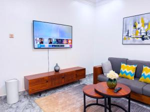 a living room with a couch and a tv at Maja Apartments Kampala in Kampala
