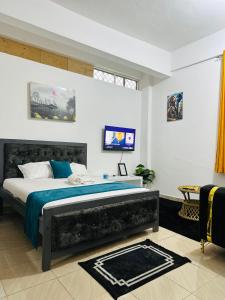 a bedroom with a bed and a tv on the wall at Charming Studio in Mombasa