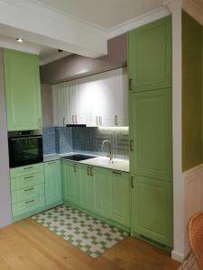 a kitchen with green cabinets and a sink at Mira apartman Oliva Residence in Petrovac na Moru