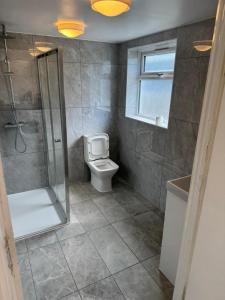 a bathroom with a shower and a toilet at Charming 3 Bed Home Stay in Plumstead