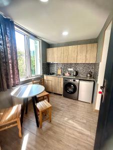 ボルジョミにあるN&G Apartmentのテーブルとテーブルと食器洗い機のあるキッチン