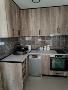 a kitchen with wooden cabinets and a sink and a dishwasher at NiLa in Ivanjica +8 photos