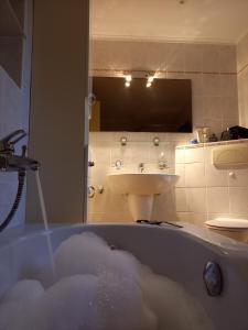 ツィノヴィッツにあるFerienwohnung Leonie mit Saunaの洗面台の横に水を入れたバスタブ