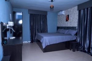 a small bedroom with a bed and a desk at Villa 29 in Enugu