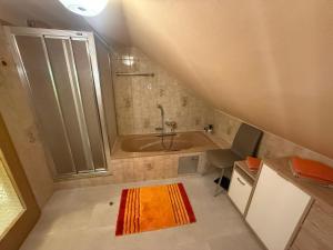 a small bathroom with a shower and a sink at Villa Helga Am Steinernem Meer in Saalfelden am Steinernen Meer +30 photos