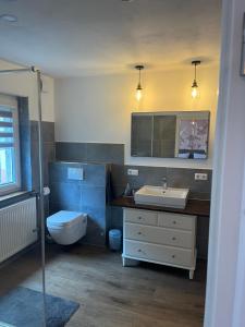 a bathroom with a toilet and a sink at Ferienwohnung Clemens in Ediger-Eller