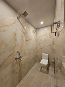 a bathroom with a toilet and a marble wall at Chhaya Niketan Home Stay in Ayodhya
