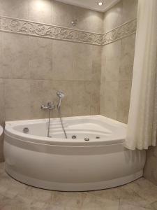 a white tub in a bathroom with a shower at Mountain View Apartment in Florina +21 photos