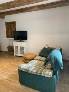 a living room with a couch and a flat screen tv at Studio cosy à la campagne in Montjustin