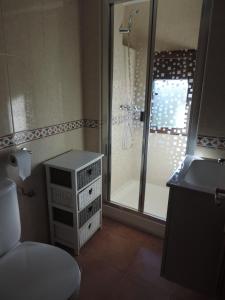 a bathroom with a shower and a toilet and a sink at Casa La Muralla, reformada en Casco Antiguo in Cuenca