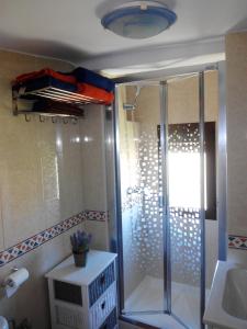 a shower with a glass door in a bathroom at Casa La Muralla, reformada en Casco Antiguo in Cuenca