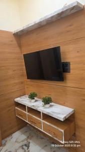 a flat screen tv on a wooden wall with two plants at krishna residency in Mathura