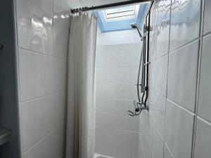 Un baño con ducha con cortina de ducha. en Sea views at Carina centrally located in village, en Seaview 45 fotos más