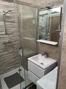 a bathroom with a shower and a sink and a mirror at LAV apartmani in Karlovac