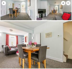 a living room and a dining room with a table at Central Beach Cottage - outside conservation area, minutes walk to all amenities in Deal