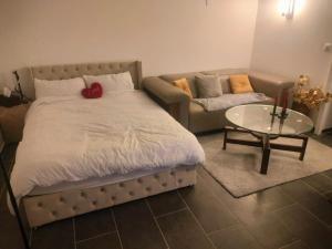 a bedroom with a bed and a couch and a table at Studio de 25M in Claye-Souilly