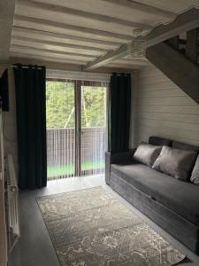 een woonkamer met een bank en een groot raam bij Гірська роса 2 in Synevyrsʼka Polyana