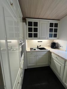 a white kitchen with white cabinets and a sink at Fachwerkzauber Eggenbach in Ebensfeld