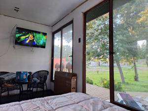 a bedroom with a bed and a tv on the wall at Piscinas y cabañas llancanao in Linares