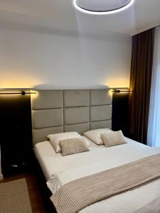 ein Schlafzimmer mit einem großen weißen Bett mit zwei Kissen in der Unterkunft Adora Park Exclusive Stay in Arad