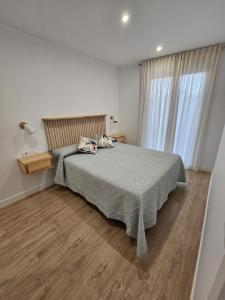 una camera da letto con un letto con un piumone grigio di Ático costa de la luz a Conil de la Frontera