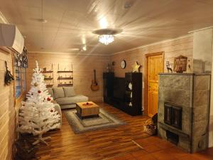 un salon avec un arbre de Noël et une cheminée dans l'établissement Villa in Lehtikangas, à Rovaniemi